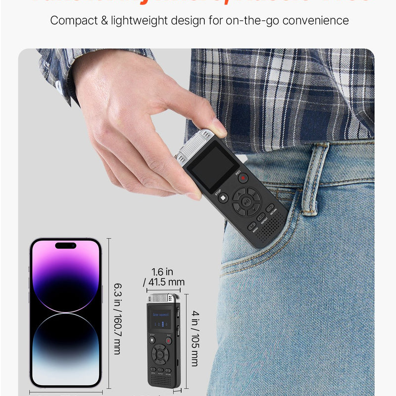 VEVOR digitālais balss ierakstītājs, 128 GB, ar balss aktivizēšanu, USB un MP3 atbalstu