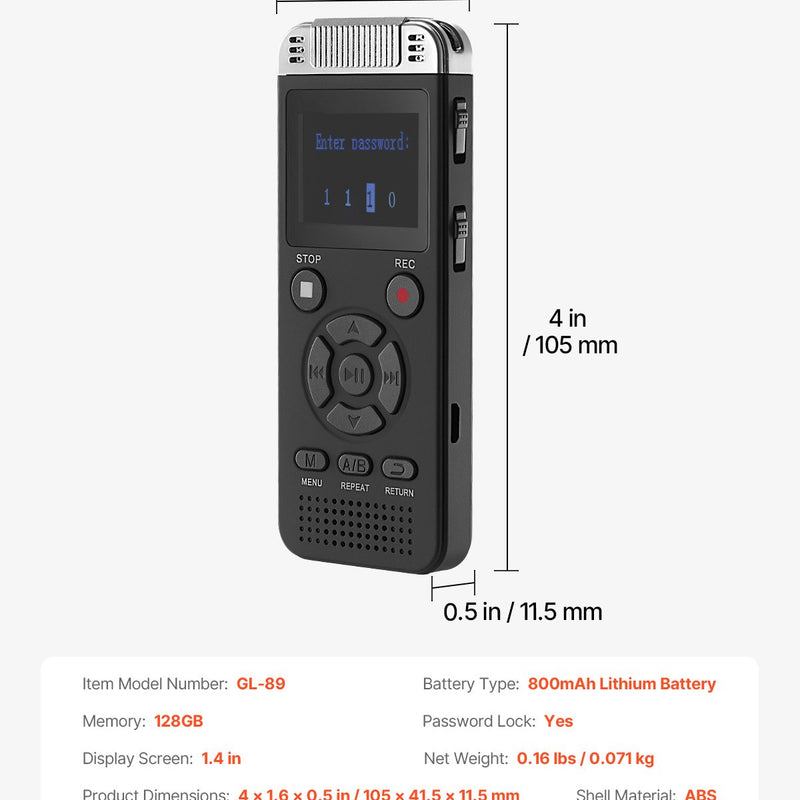 VEVOR digitālais balss ierakstītājs, 128 GB, ar balss aktivizēšanu, USB un MP3 atbalstu