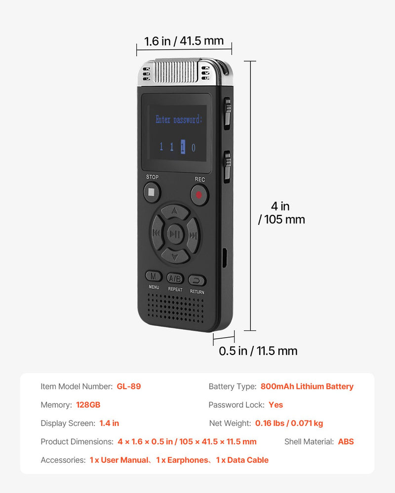 VEVOR digitālais balss ierakstītājs, 128 GB, ar balss aktivizēšanu, USB un MP3 atbalstu