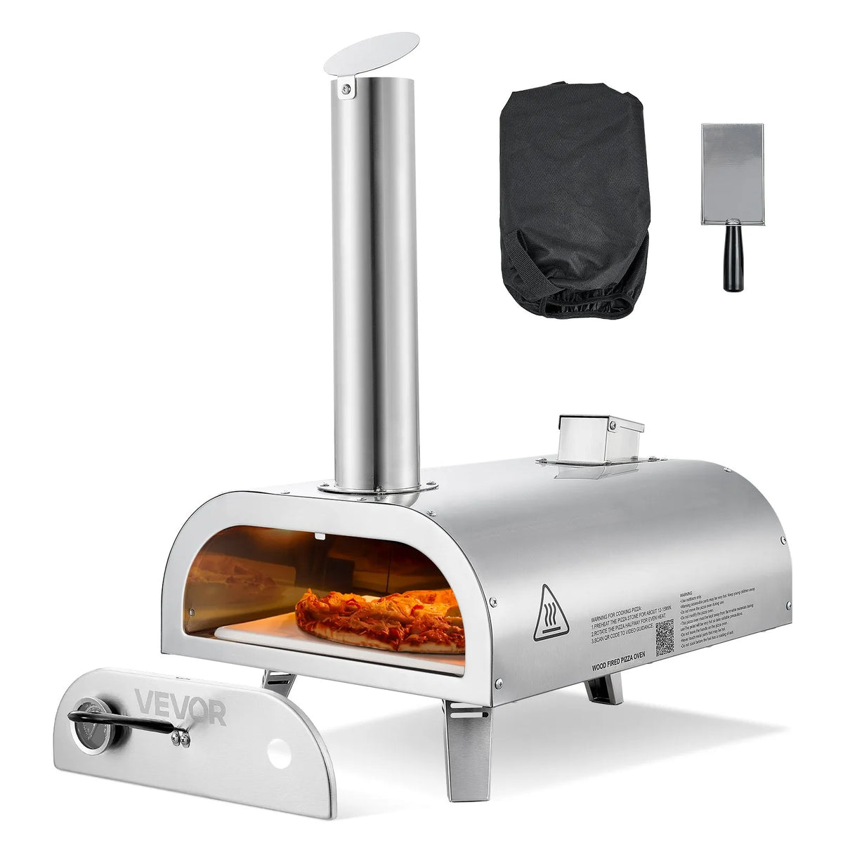 Outdoor Pizza Oven 30 cm, Portable Pellet Pizza Oven with Built-in Thermometer, Stainless Steel Wood-Fired Oven with Stone Plate, Peel and Bag, Suitable for Garden and Camping, Silver