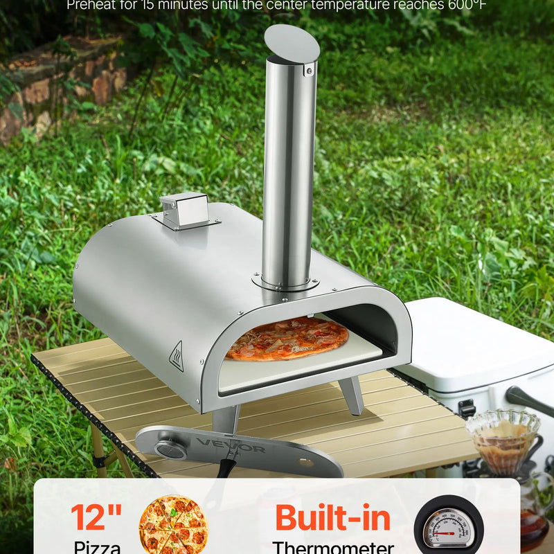 Āra picu krāsns 30 cm, pārnēsājama granulu picu krāsns ar iebūvētu termometru, nerūsējošā tērauda malkas krāsns ar akmens plāti, lāpstiņu un somu, piemērota dārzam un kempingam, sudraba krāsa.