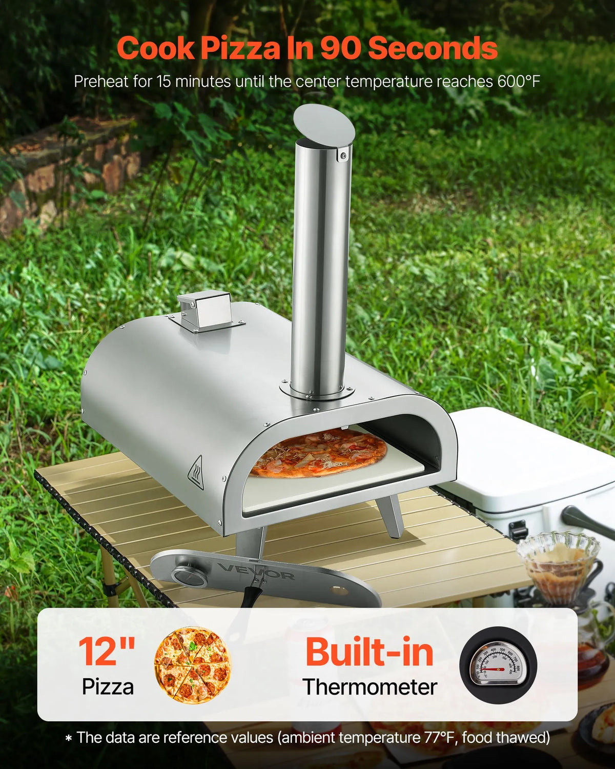 Outdoor Pizza Oven 30 cm, Portable Pellet Pizza Oven with Built-in Thermometer, Stainless Steel Wood-Fired Oven with Stone Plate, Peel and Bag, Suitable for Garden and Camping, Silver