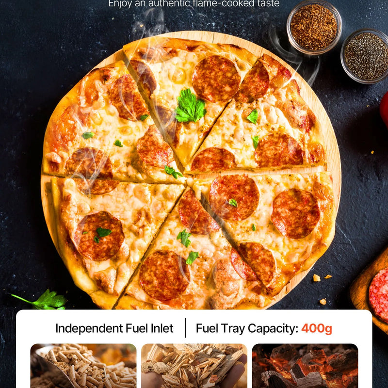 Āra picu krāsns 30 cm, pārnēsājama granulu picu krāsns ar iebūvētu termometru, nerūsējošā tērauda malkas krāsns ar akmens plāti, lāpstiņu un somu, piemērota dārzam un kempingam, sudraba krāsa.