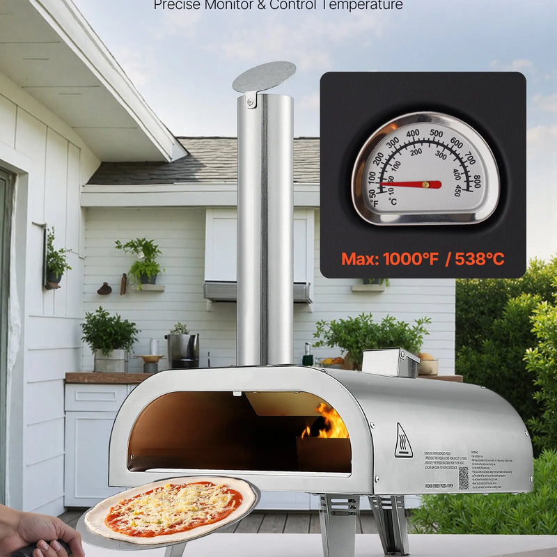 Āra picu krāsns 30 cm, pārnēsājama granulu picu krāsns ar iebūvētu termometru, nerūsējošā tērauda malkas krāsns ar akmens plāti, lāpstiņu un somu, piemērota dārzam un kempingam, sudraba krāsa.