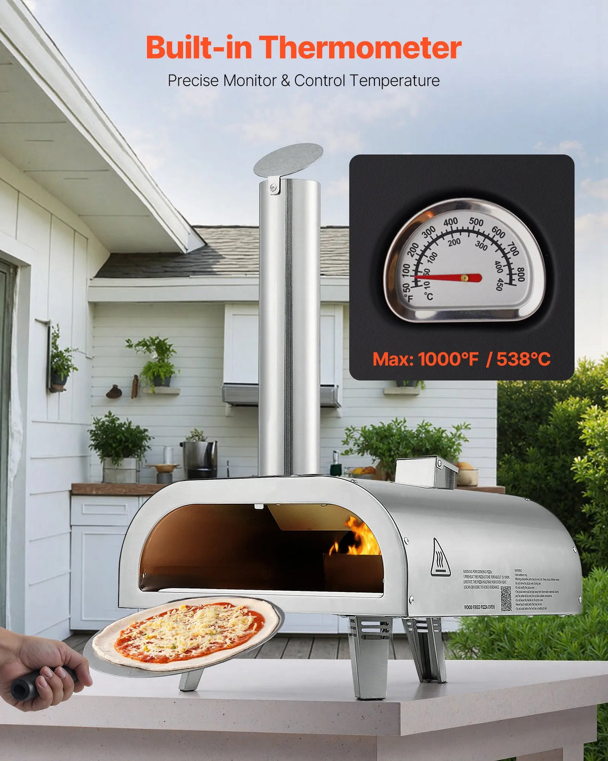Outdoor Pizza Oven 30 cm, Portable Pellet Pizza Oven with Built-in Thermometer, Stainless Steel Wood-Fired Oven with Stone Plate, Peel and Bag, Suitable for Garden and Camping, Silver