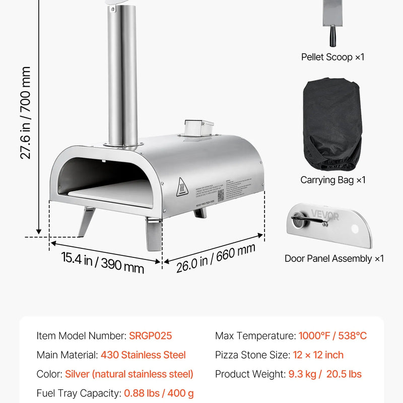 Āra picu krāsns 30 cm, pārnēsājama granulu picu krāsns ar iebūvētu termometru, nerūsējošā tērauda malkas krāsns ar akmens plāti, lāpstiņu un somu, piemērota dārzam un kempingam, sudraba krāsa.