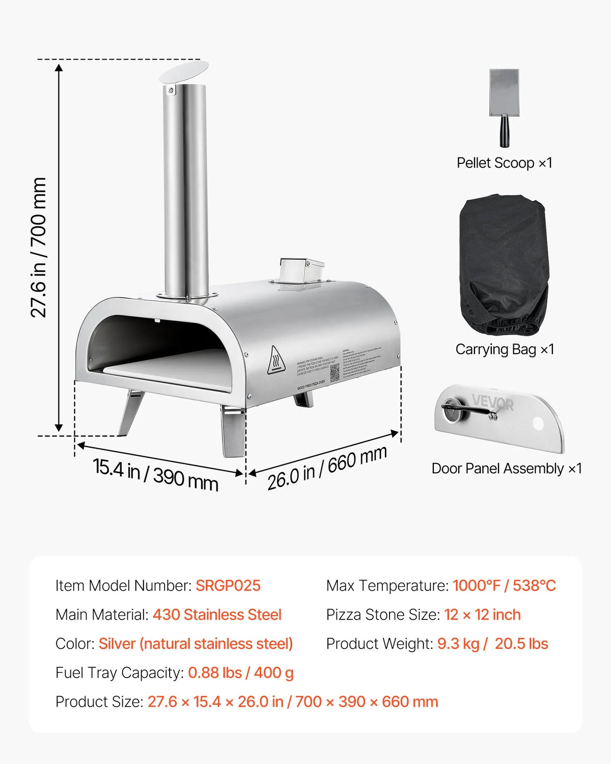 Outdoor Pizza Oven 30 cm, Portable Pellet Pizza Oven with Built-in Thermometer, Stainless Steel Wood-Fired Oven with Stone Plate, Peel and Bag, Suitable for Garden and Camping, Silver