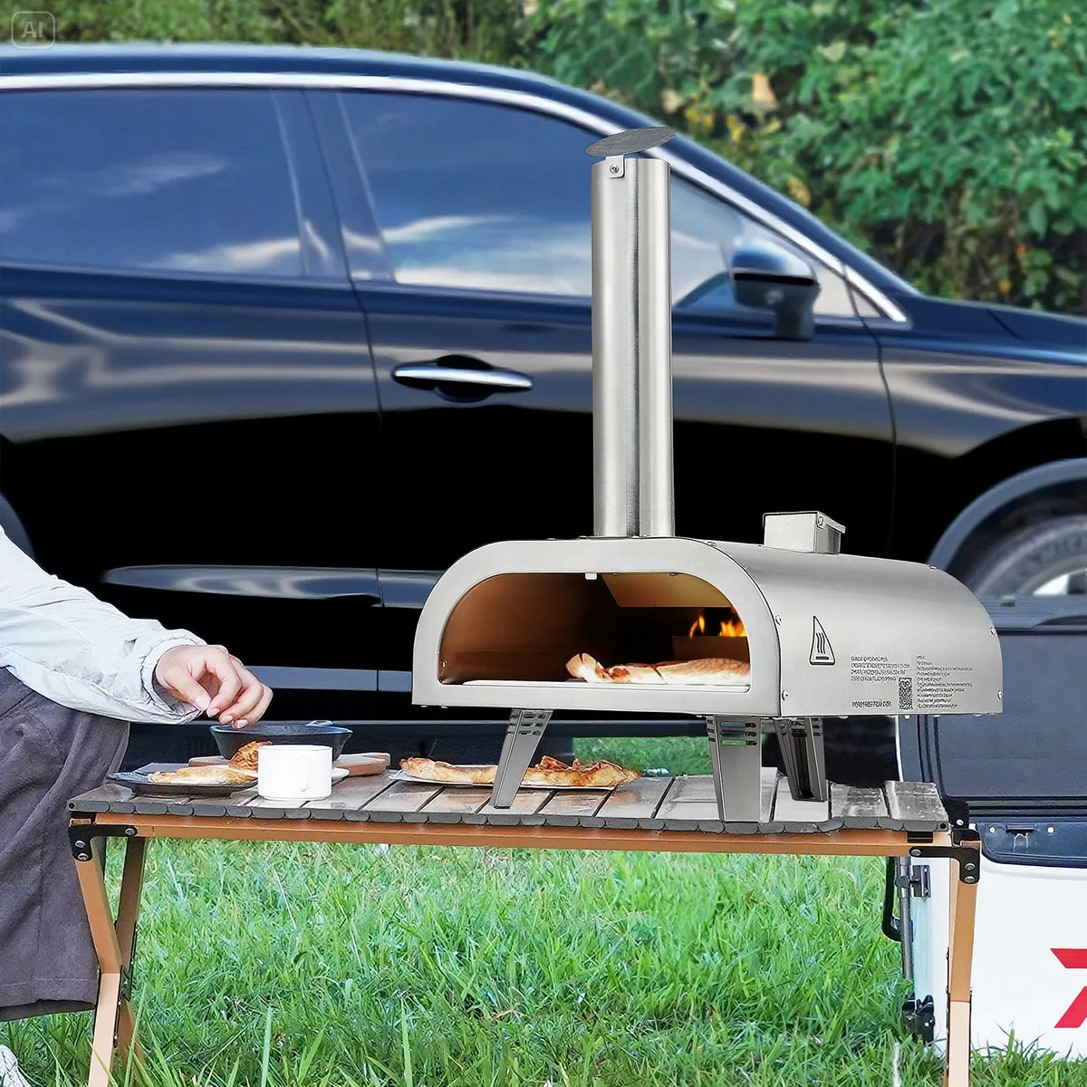 Outdoor Pizza Oven 30 cm, Portable Pellet Pizza Oven with Built-in Thermometer, Stainless Steel Wood-Fired Oven with Stone Plate, Peel and Bag, Suitable for Garden and Camping, Silver