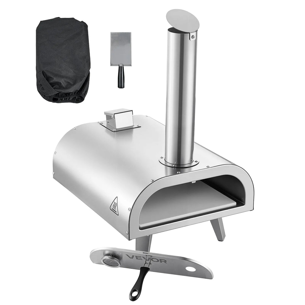 Outdoor Pizza Oven 30 cm, Portable Pellet Pizza Oven with Built-in Thermometer, Stainless Steel Wood-Fired Oven with Stone Plate, Peel and Bag, Suitable for Garden and Camping, Silver