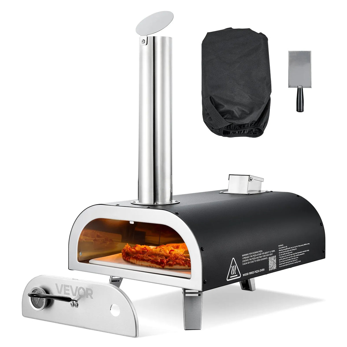 VEVOR Outdoor Pizza Oven, 12 Inch Wood Fired Pizza Oven with Pellet Burning and Thermometer, Portable Pizza Oven for Garden Patio and Camping, Includes Pizza Stone Carrying Bag and Peel, Black
