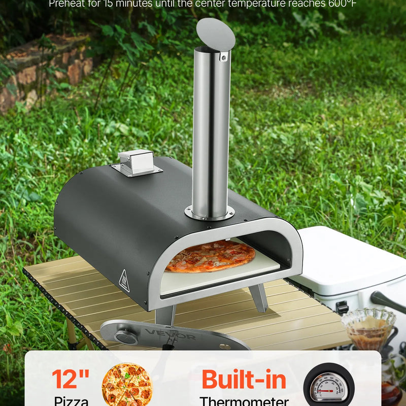 VEVOR āra picas krāsns, 12 collu malkas picas krāsns ar granulu kurināšanu un termometru, pārnēsājama picas krāsns dārzam, terasei un kempingam, komplektā picas akmens, pārnēsāšanas soma un lāpstiņa, melna
