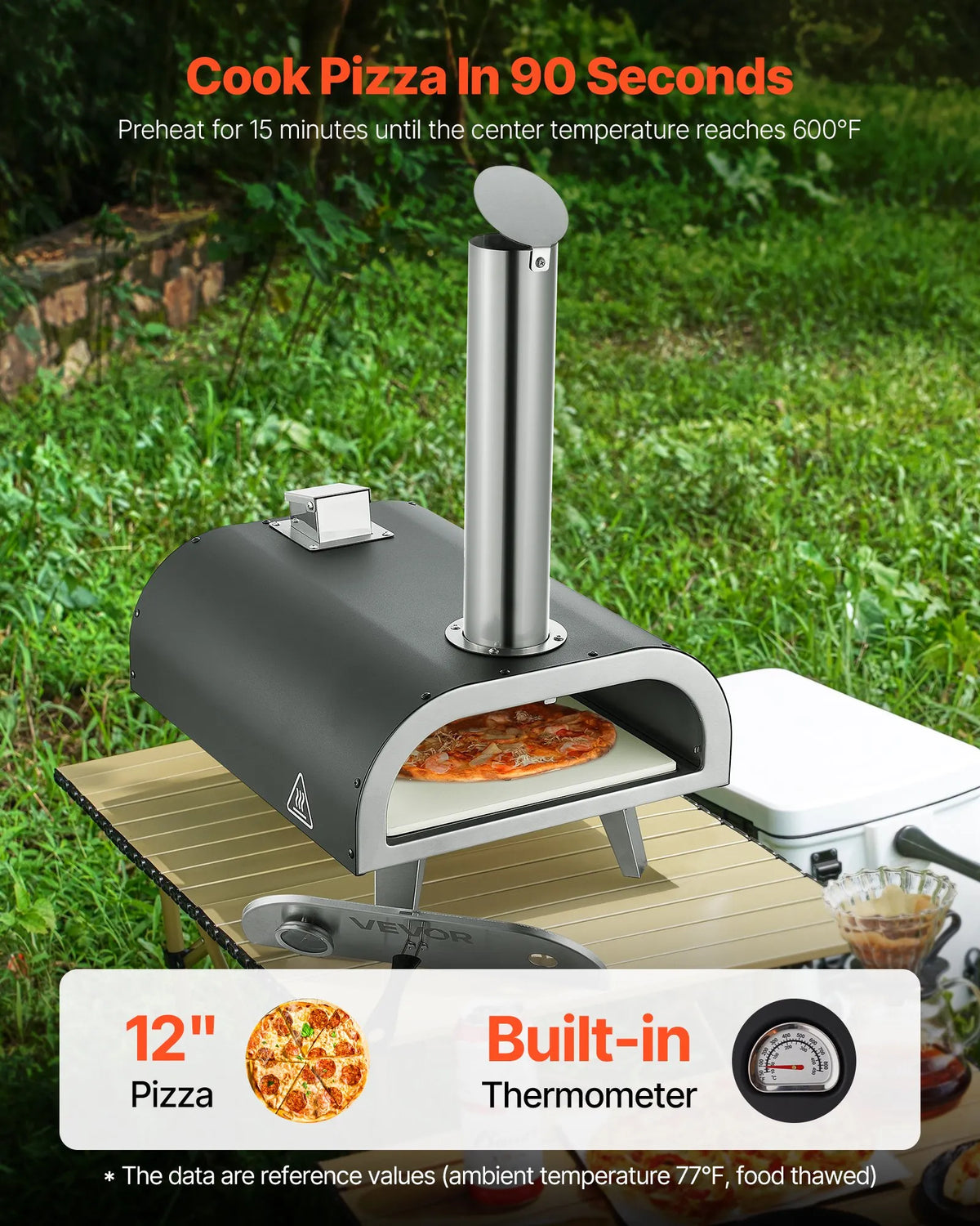VEVOR Outdoor Pizza Oven, 12 Inch Wood Fired Pizza Oven with Pellet Burning and Thermometer, Portable Pizza Oven for Garden Patio and Camping, Includes Pizza Stone Carrying Bag and Peel, Black