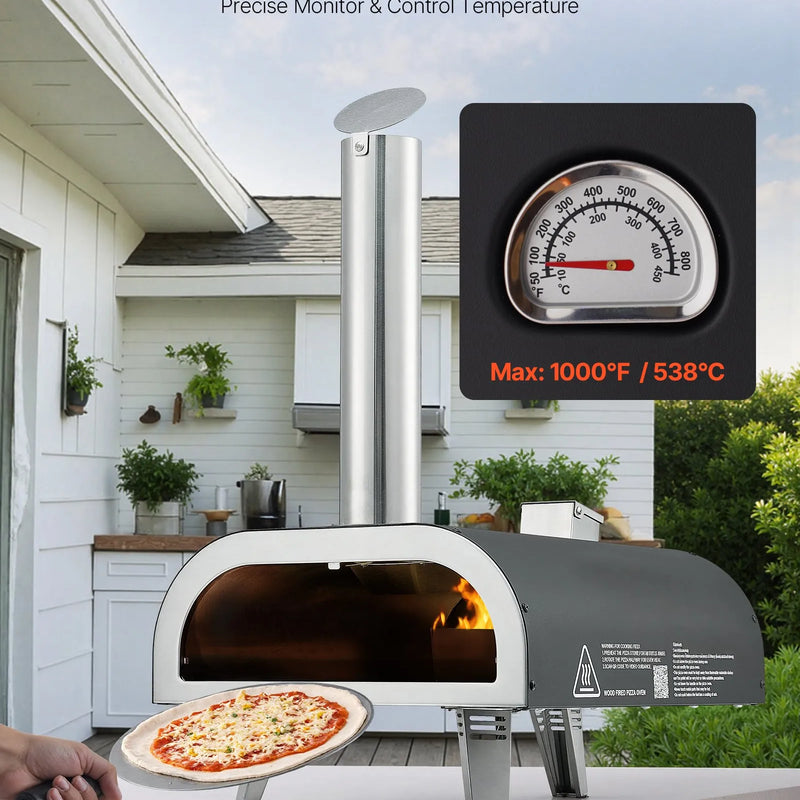 VEVOR āra picas krāsns, 12 collu malkas picas krāsns ar granulu kurināšanu un termometru, pārnēsājama picas krāsns dārzam, terasei un kempingam, komplektā picas akmens, pārnēsāšanas soma un lāpstiņa, melna