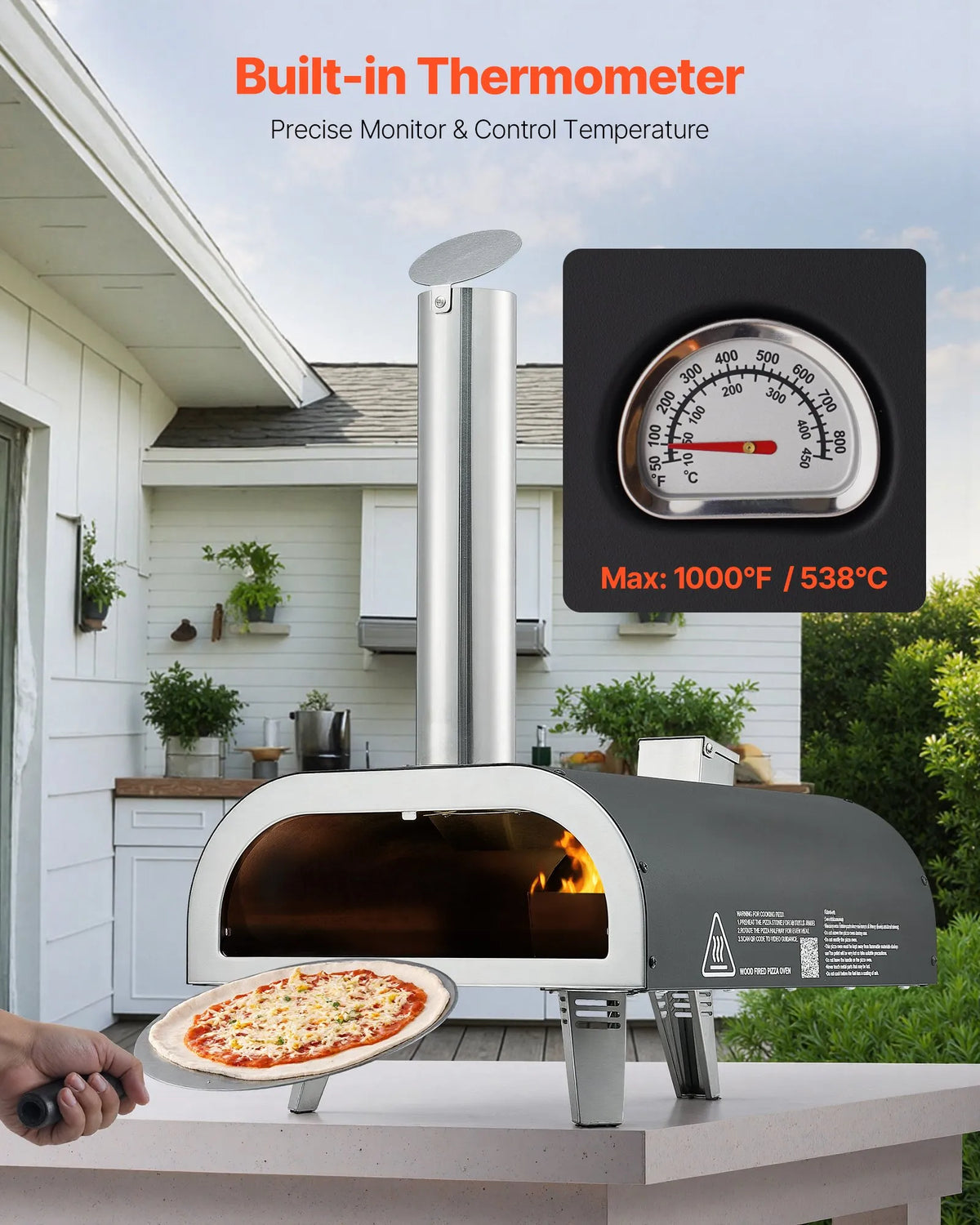 VEVOR Outdoor Pizza Oven, 12 Inch Wood Fired Pizza Oven with Pellet Burning and Thermometer, Portable Pizza Oven for Garden Patio and Camping, Includes Pizza Stone Carrying Bag and Peel, Black