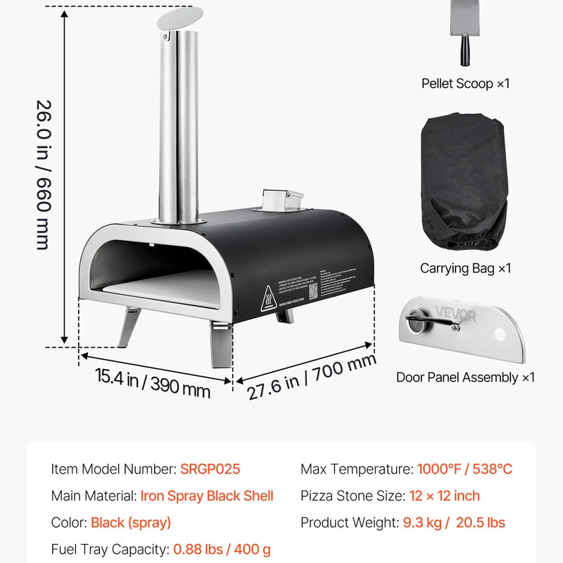 VEVOR āra picas krāsns, 12 collu malkas picas krāsns ar granulu kurināšanu un termometru, pārnēsājama picas krāsns dārzam, terasei un kempingam, komplektā picas akmens, pārnēsāšanas soma un lāpstiņa, melna