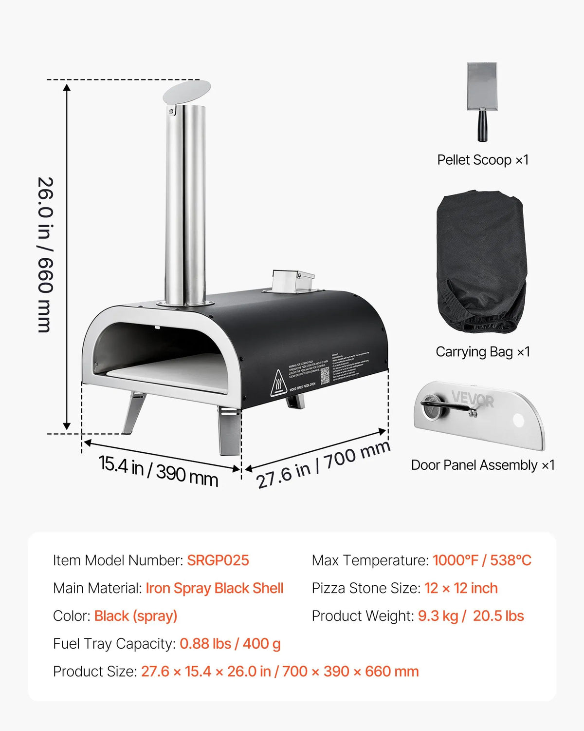 VEVOR Outdoor Pizza Oven, 12 Inch Wood Fired Pizza Oven with Pellet Burning and Thermometer, Portable Pizza Oven for Garden Patio and Camping, Includes Pizza Stone Carrying Bag and Peel, Black