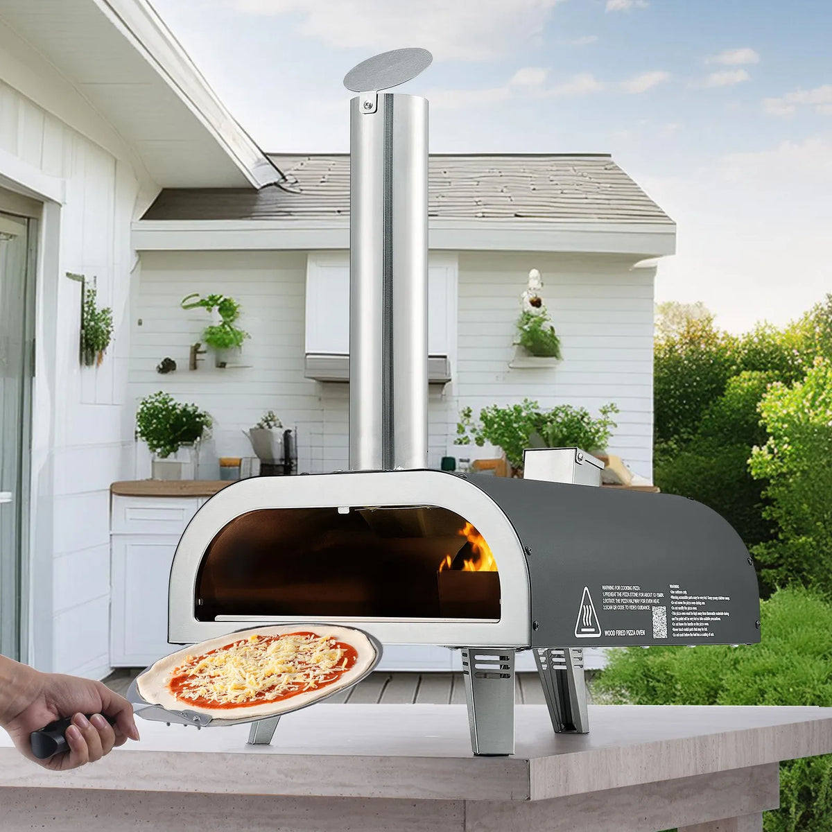 VEVOR Outdoor Pizza Oven, 12 Inch Wood Fired Pizza Oven with Pellet Burning and Thermometer, Portable Pizza Oven for Garden Patio and Camping, Includes Pizza Stone Carrying Bag and Peel, Black