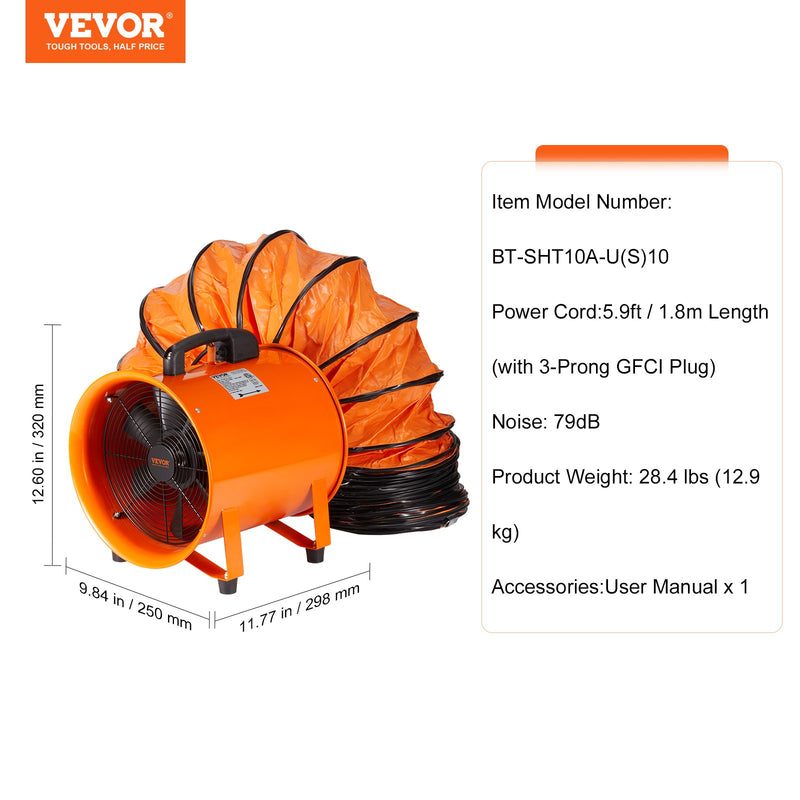 VEVOR 254mm Pārnēsājamais Izplūdes Ventilators Pūtejs ar 10m Šļūteni - Industrijas Ventilators