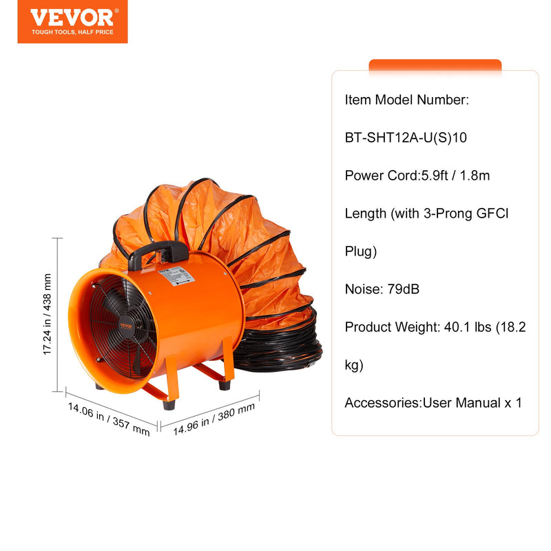 VEVOR 304.8mm Pārnēsājamais Izplūdes Ventilators Pūtejs ar 10m Šļūteni - Industrijas Ventilators
