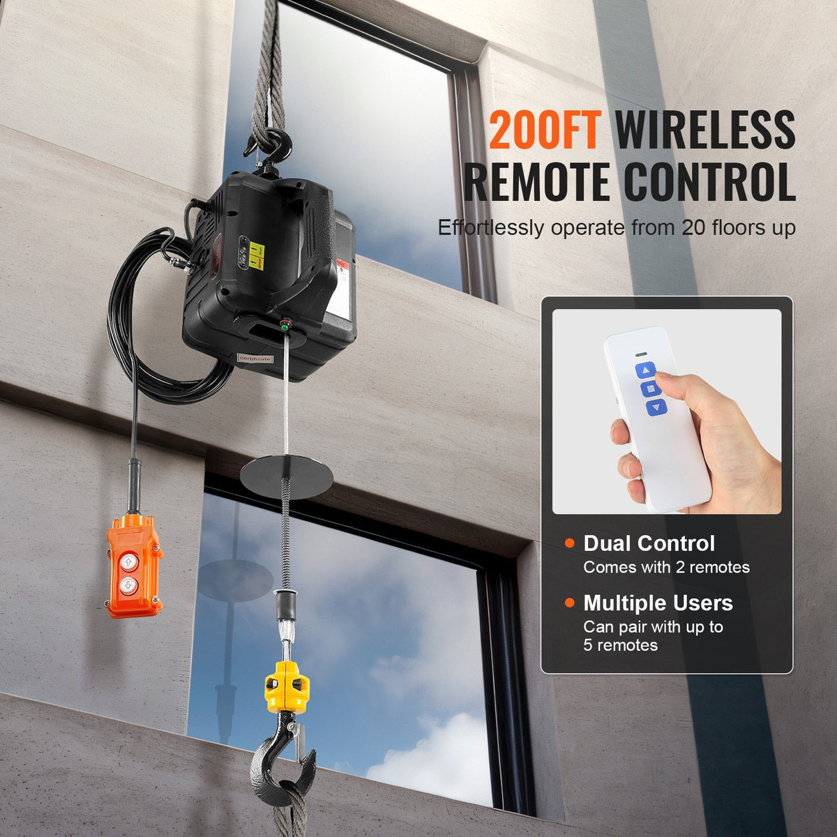 VEVOR 3-in-1 Portable Electric Winch Hoist, 500 kg, with Wired/Wireless Remote Control