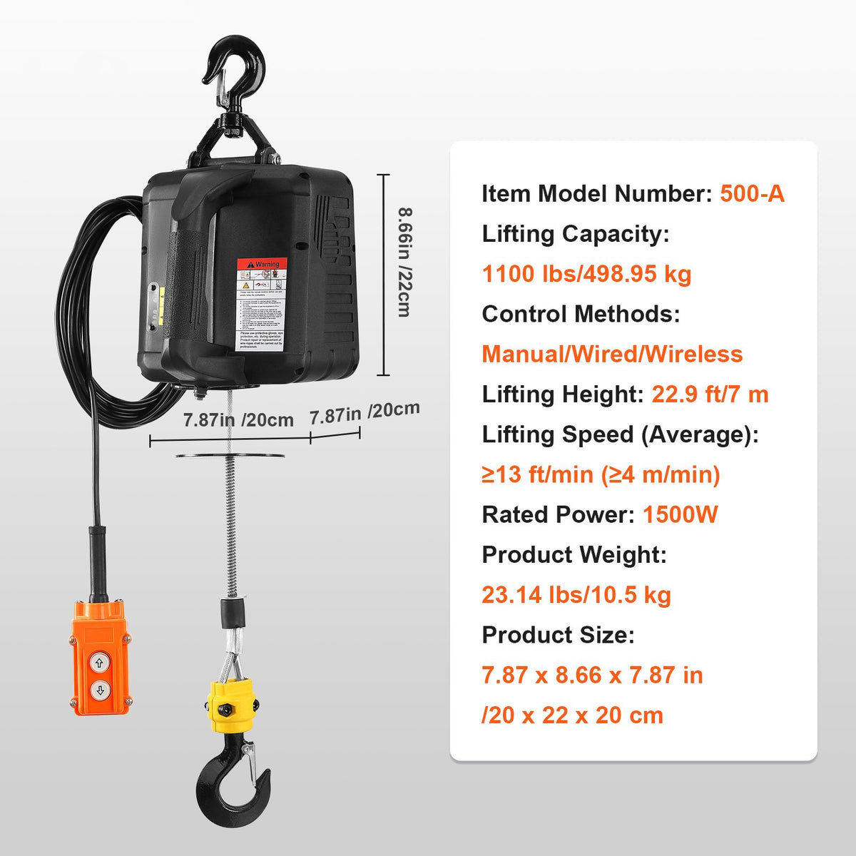 VEVOR 3-in-1 Portable Electric Winch Hoist, 500 kg, with Wired/Wireless Remote Control