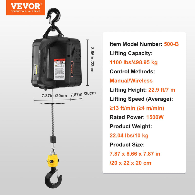 VEVOR 2-in-1 pārnēsājamais elektriskais pacēlājs, 500 kg, bezvadu tālvadība