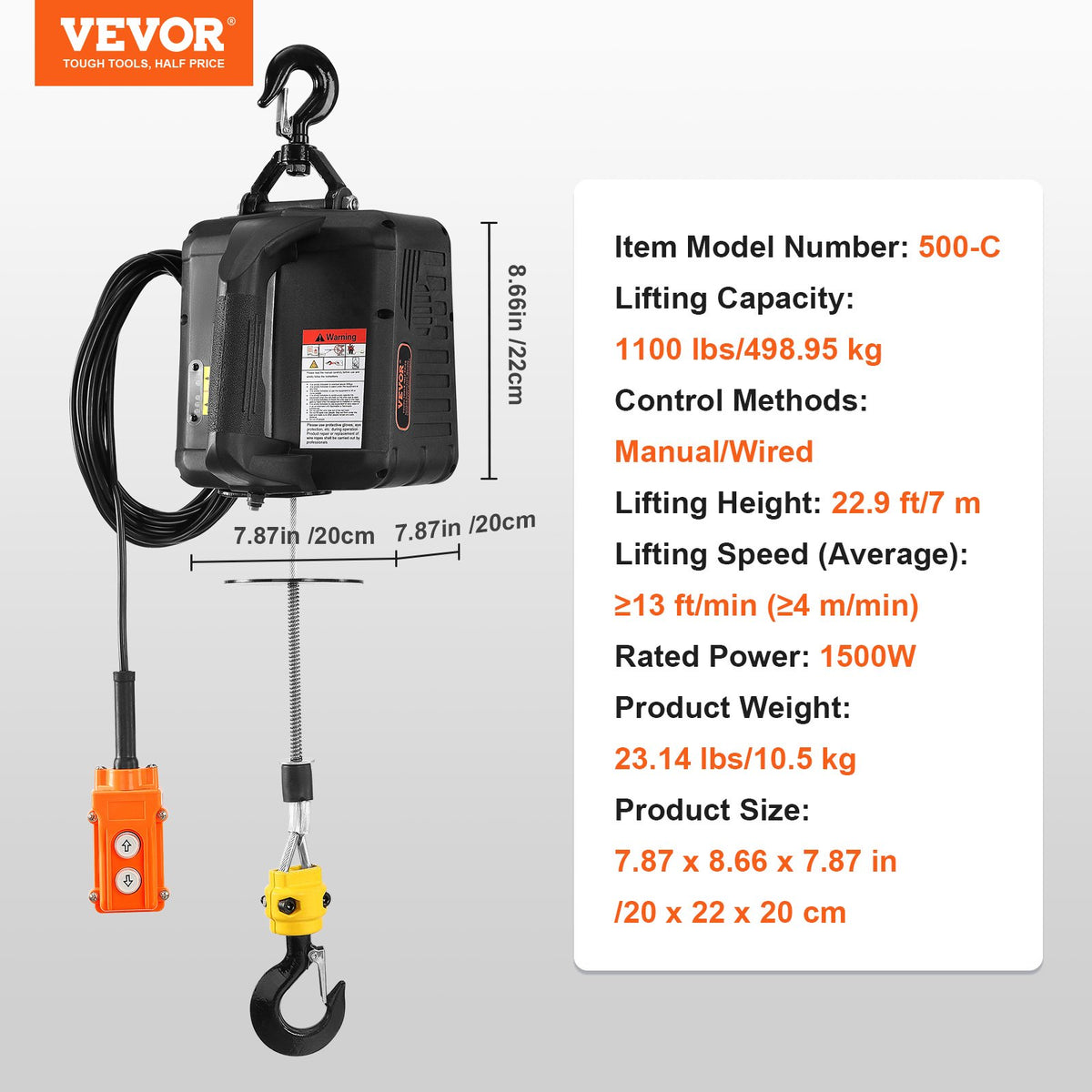 VEVOR 2-in-1 Portable Electric Lift, 499 kg Load Capacity, with Wired Remote Control