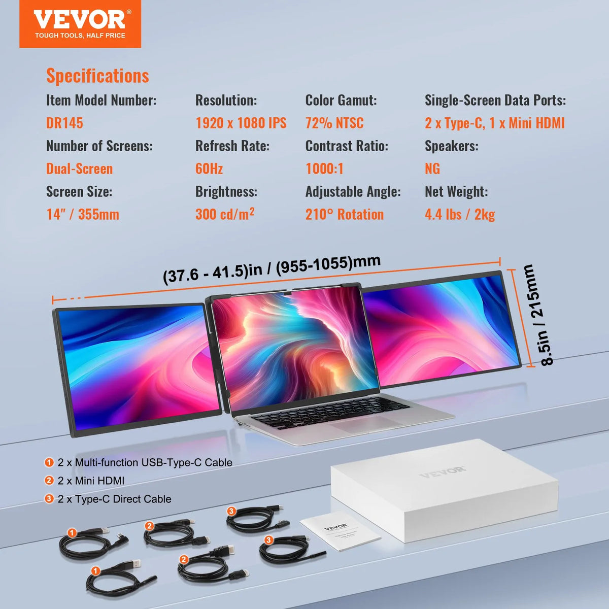VEVOR Displejs portatīvs klēpjdatora ekrāna paplašinātājs 35,6 cm Full HD 1080p monitors 33–43 cm klēpjdatoriem - ZEMLETES.LV