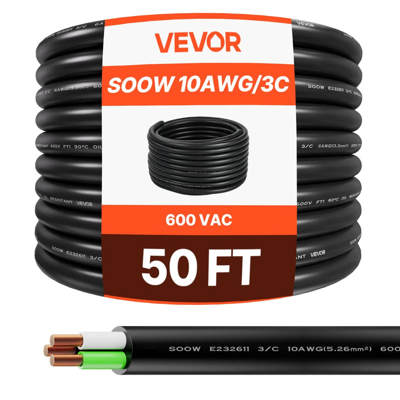 Strāvas pagarinātājs VEVOR 50 FT (15,2 m), 10AWG, premium klases vara kabelis