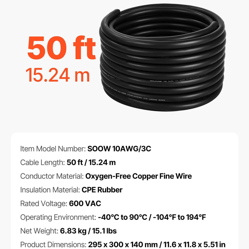 Strāvas pagarinātājs VEVOR 50 FT (15,2 m), 10AWG, premium klases vara kabelis
