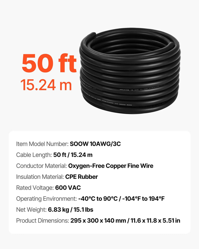 Strāvas pagarinātājs VEVOR 50 FT (15,2 m), 10AWG, premium klases vara kabelis