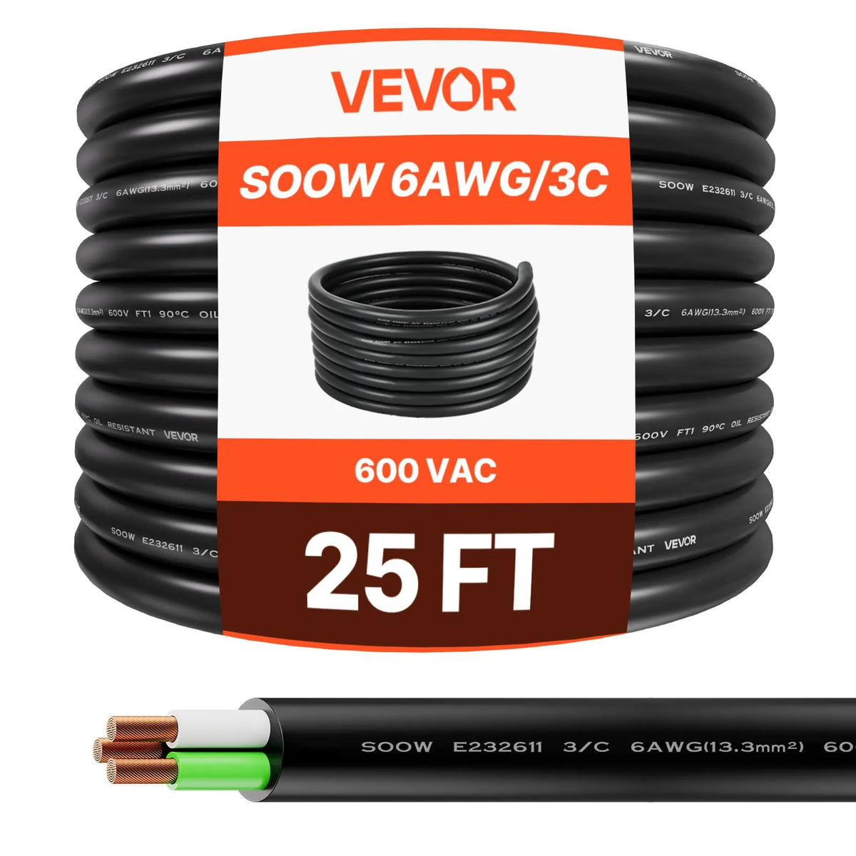 VEVOR Power Extension Cord VEVOR 25 FT (7.6 m), 6AWG, Premium Copper Cable