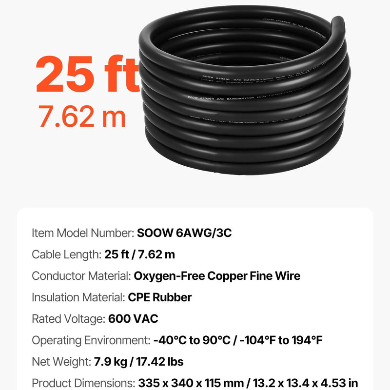 VEVOR Strāvas pagarinātājs VEVOR 25 FT (7,6 m), 6AWG, premium klases vara kabelis