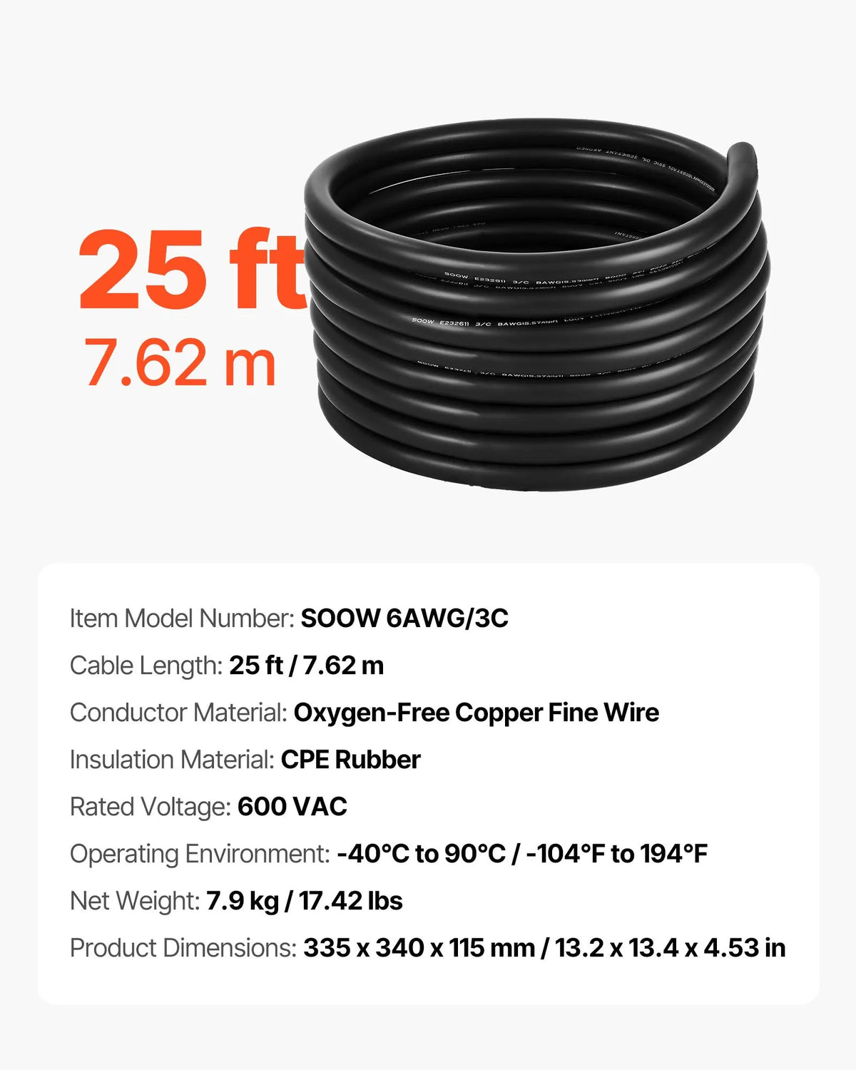VEVOR Power Extension Cord VEVOR 25 FT (7.6 m), 6AWG, Premium Copper Cable