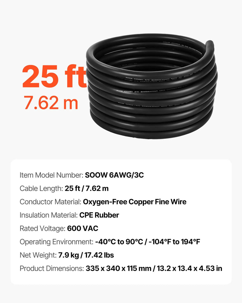 VEVOR Strāvas pagarinātājs VEVOR 25 FT (7,6 m), 6AWG, premium klases vara kabelis