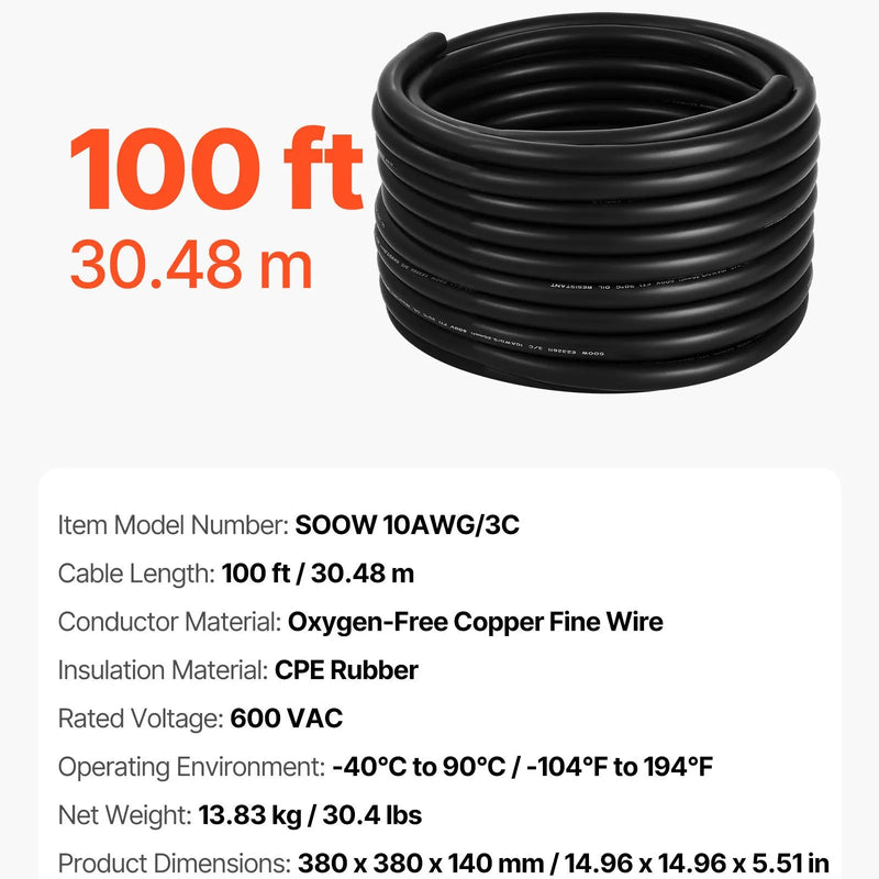 VEVOR Strāvas pagarinātājs 30,48 m, 10AWG, premium klases vara kabelis