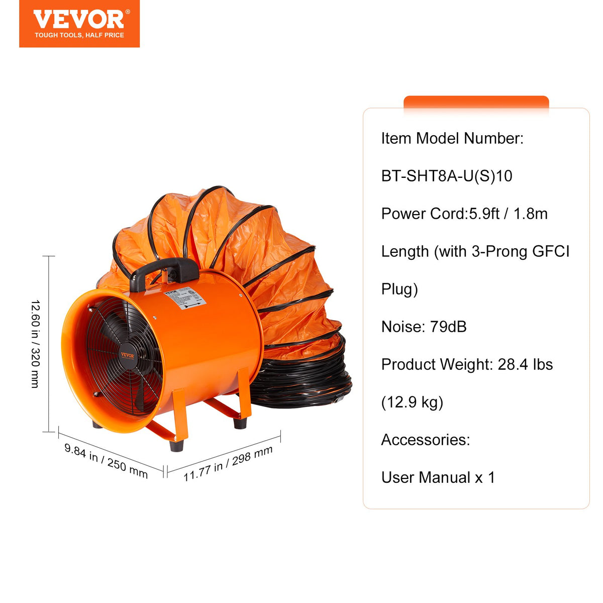 VEVOR 203.2mm Portable Exhaust Fan with 10m Hose - Industrial Duct Blower