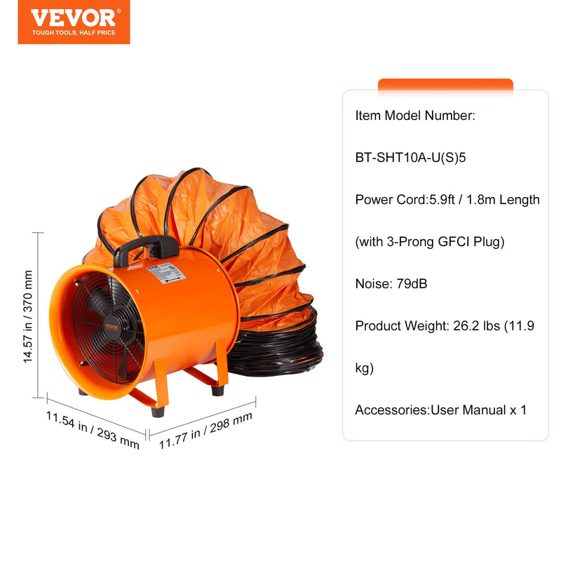 VEVOR 254mm Izplūdes Ventilators Pūtejs Pārnēsājams ar 5m Šļūteni - Industrijas Ventilators