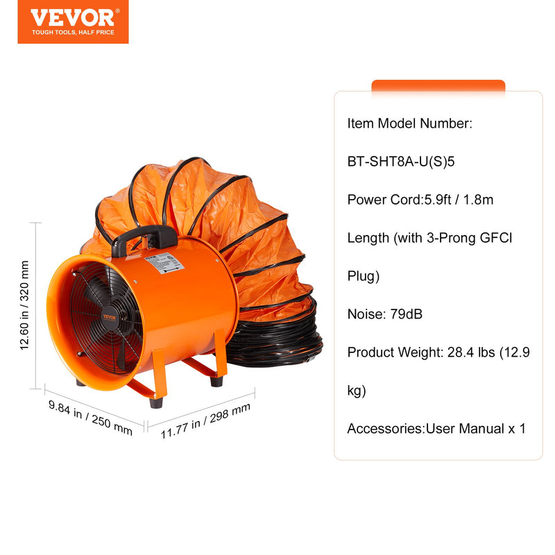 VEVOR 203.2mm Pārnēsājamais Izplūdes Ventilators ar 5m Šļūteni - Industrijas Duct Pūtejs