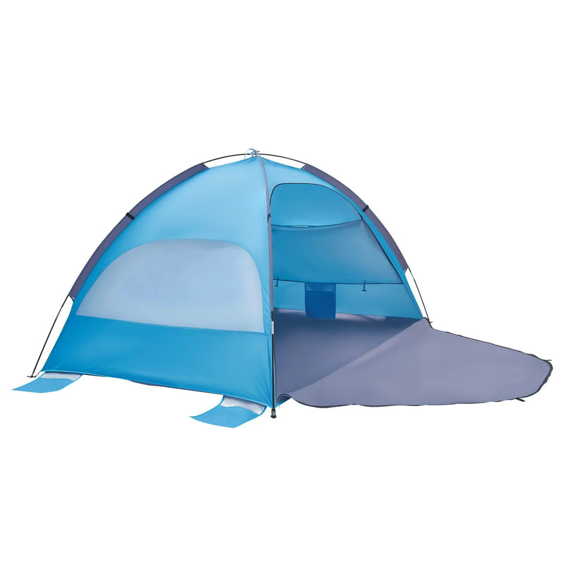 VEVOR pludmales telts nojume 3 personām ar UPF 50+ aizsardzību, pārnēsājama saules nojume ar pārnēsāšanas somu un smilšu kabatām, viegla un ātri uzstādāma, piemērota kempingam, makšķerēšanai un piknikiem brīvā dabā