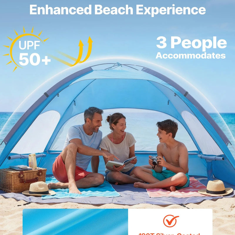 VEVOR pludmales telts nojume 3 personām ar UPF 50+ aizsardzību, pārnēsājama saules nojume ar pārnēsāšanas somu un smilšu kabatām, viegla un ātri uzstādāma, piemērota kempingam, makšķerēšanai un piknikiem brīvā dabā