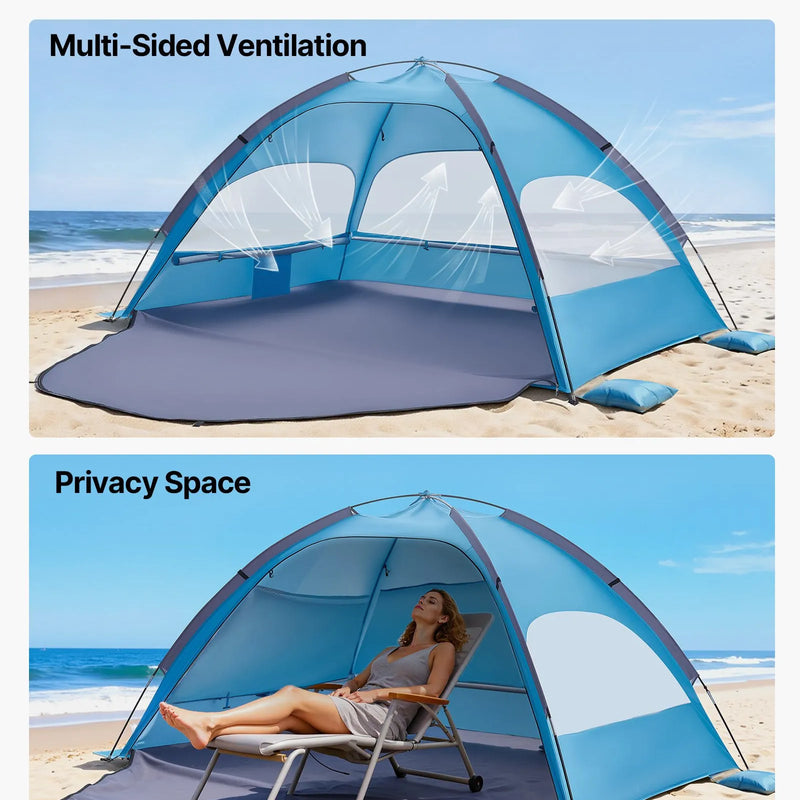 VEVOR pludmales telts nojume 3 personām ar UPF 50+ aizsardzību, pārnēsājama saules nojume ar pārnēsāšanas somu un smilšu kabatām, viegla un ātri uzstādāma, piemērota kempingam, makšķerēšanai un piknikiem brīvā dabā