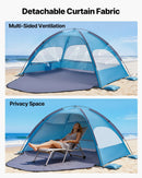 VEVOR pludmales telts nojume 3 personām ar UPF 50+ aizsardzību, pārnēsājama saules nojume ar pārnēsāšanas somu un smilšu kabatām, viegla un ātri uzstādāma, piemērota kempingam, makšķerēšanai un piknikiem brīvā dabā
