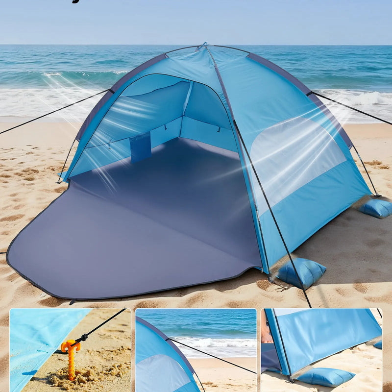 VEVOR pludmales telts nojume 3 personām ar UPF 50+ aizsardzību, pārnēsājama saules nojume ar pārnēsāšanas somu un smilšu kabatām, viegla un ātri uzstādāma, piemērota kempingam, makšķerēšanai un piknikiem brīvā dabā