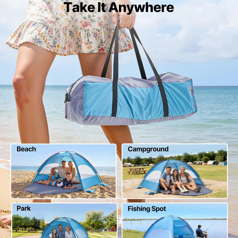 VEVOR pludmales telts nojume 3 personām ar UPF 50+ aizsardzību, pārnēsājama saules nojume ar pārnēsāšanas somu un smilšu kabatām, viegla un ātri uzstādāma, piemērota kempingam, makšķerēšanai un piknikiem brīvā dabā