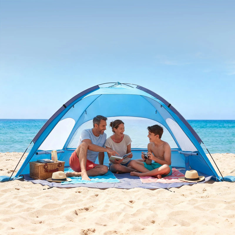 VEVOR pludmales telts nojume 3 personām ar UPF 50+ aizsardzību, pārnēsājama saules nojume ar pārnēsāšanas somu un smilšu kabatām, viegla un ātri uzstādāma, piemērota kempingam, makšķerēšanai un piknikiem brīvā dabā