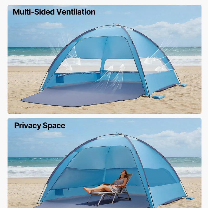 VEVOR pludmales telts nojume 6 personām ar UPF 50+ aizsardzību, pārnēsājama saules nojume ar pārnēsāšanas somu un smilšu kabatām, viegla un ātri uzstādāma, piemērota kempingam, makšķerēšanai un piknikiem brīvā dabā
