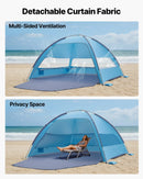 VEVOR pludmales telts nojume 6 personām ar UPF 50+ aizsardzību, pārnēsājama saules nojume ar pārnēsāšanas somu un smilšu kabatām, viegla un ātri uzstādāma, piemērota kempingam, makšķerēšanai un piknikiem brīvā dabā