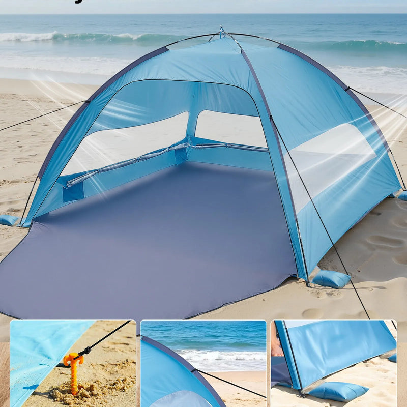 VEVOR pludmales telts nojume 6 personām ar UPF 50+ aizsardzību, pārnēsājama saules nojume ar pārnēsāšanas somu un smilšu kabatām, viegla un ātri uzstādāma, piemērota kempingam, makšķerēšanai un piknikiem brīvā dabā