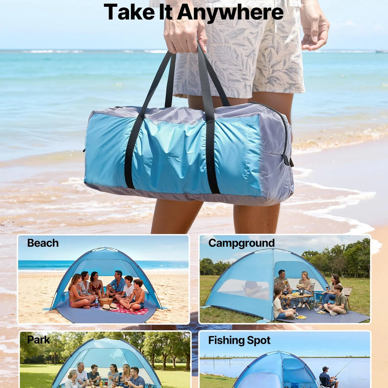 VEVOR pludmales telts nojume 6 personām ar UPF 50+ aizsardzību, pārnēsājama saules nojume ar pārnēsāšanas somu un smilšu kabatām, viegla un ātri uzstādāma, piemērota kempingam, makšķerēšanai un piknikiem brīvā dabā